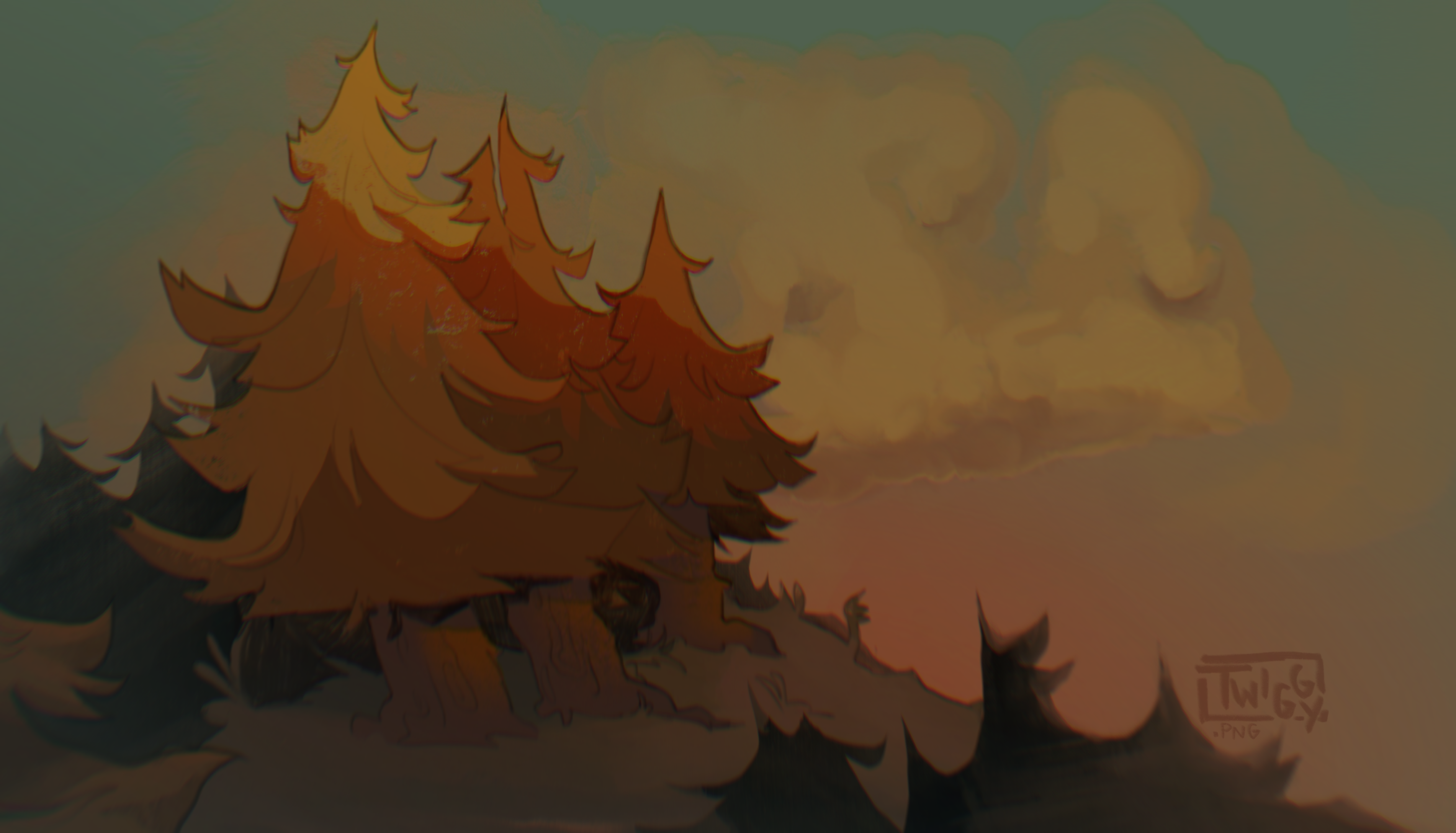 Illustration of a serene forest scene at sunset, featuring stylized evergreen trees with a warm, glowing sky in the background.