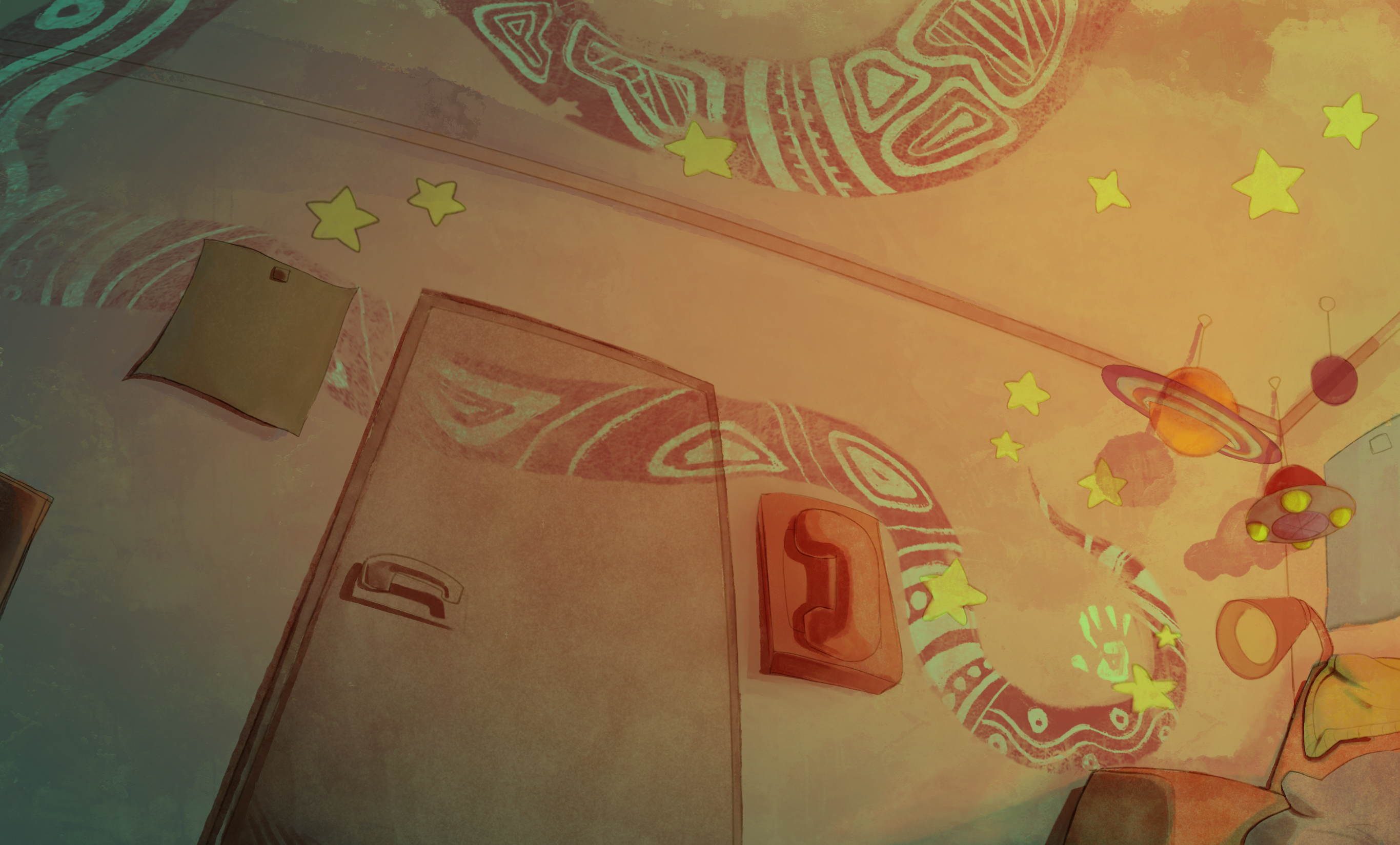 Digital artwork by Twiggy.PNG depicting a whimsical room with glowing stars, planets, and Aboriginal patterns. This piece highlights the artist’s unique style and creativity in digital illustration.