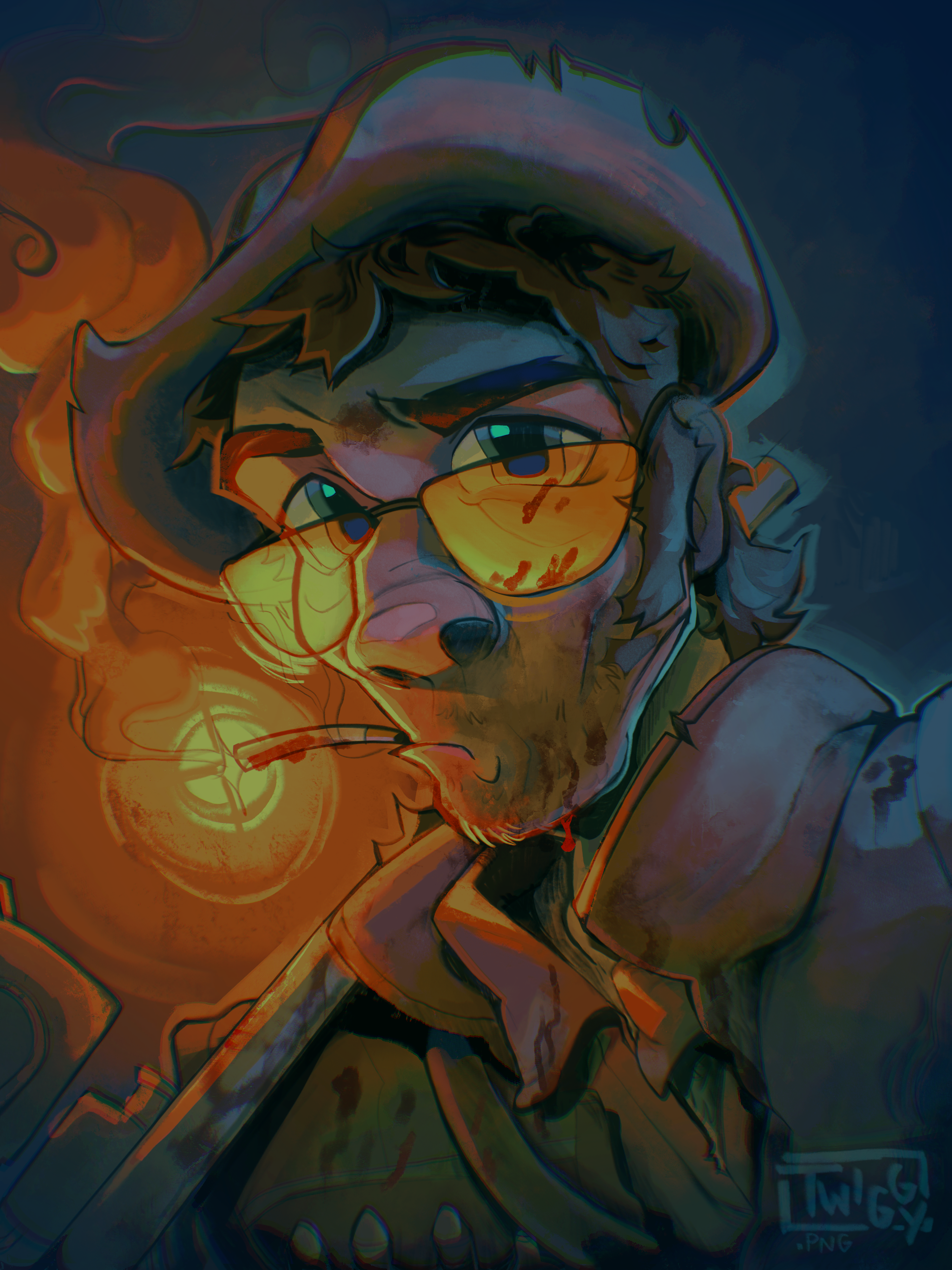 Digital artwork by Twiggy.PNG featuring the Sniper character from Team Fortress 2. The Sniper is depicted with a rugged appearance, wearing a hat and yellow-tinted glasses, and holding a sniper rifle. A cigarette hangs from his mouth as he stares intensely at the viewer, with a background illuminated by warm, fiery hues. The piece captures the character's tough and focused demeanor, highlighting Twiggy.PNG's skill in bringing video game characters to life through expressive and dynamic art