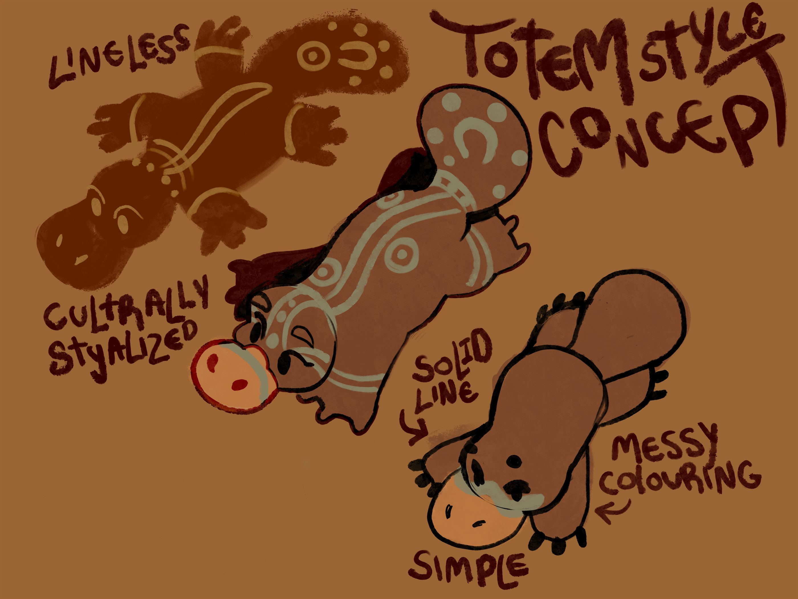 Totem style concept artwork by Twiggy.PNG showcasing different stylizations of a platypus. The image features three variations: a lineless, culturally stylized design; a solid line design with intricate patterns; and a simple design with messy coloring. Each style is labeled, and the artwork is set against a brown background, highlighting the cultural and artistic diversity in Twiggy.PNG's creations