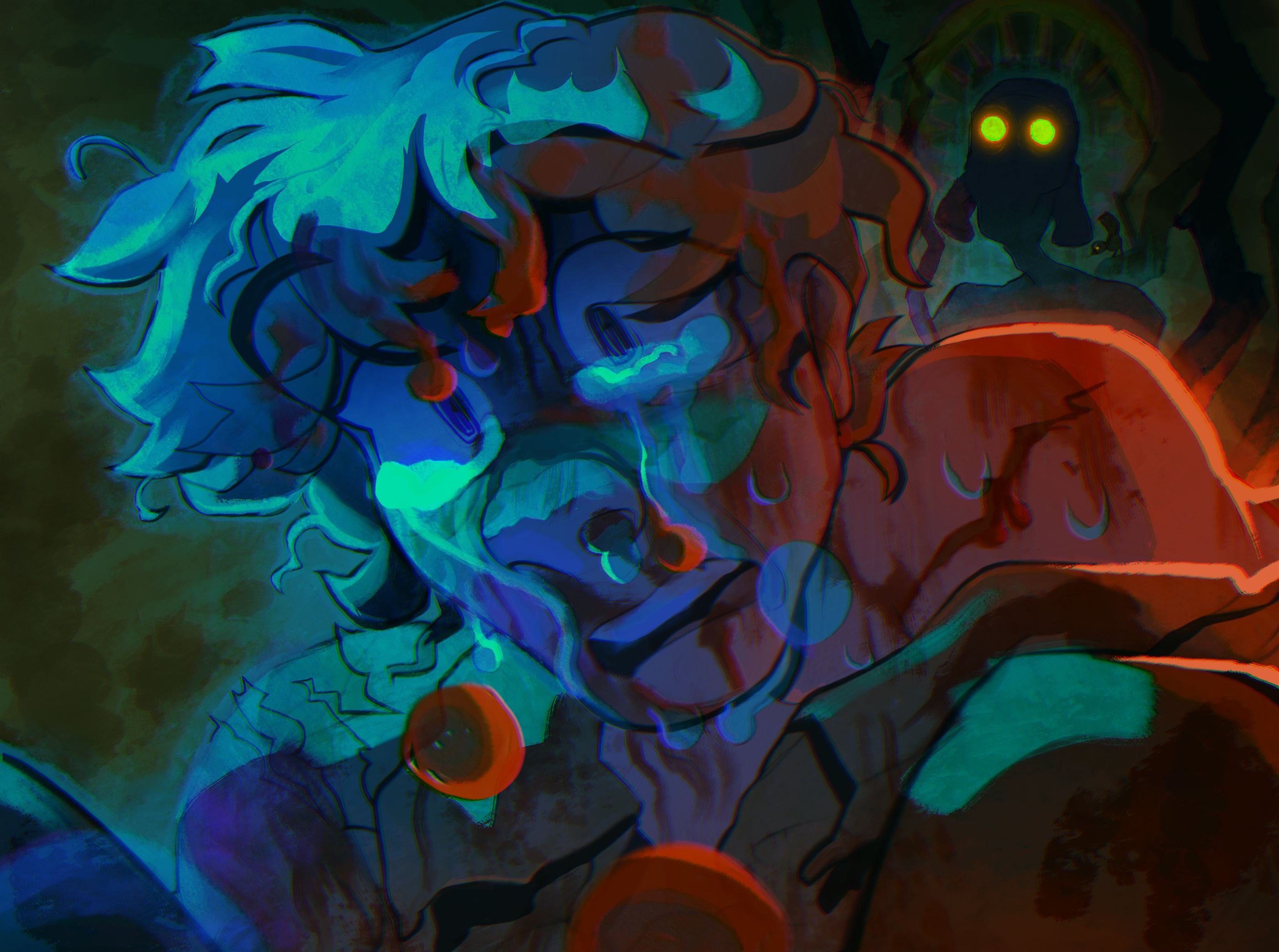 Emotive digital artwork by Twiggy.PNG depicting a character in distress, with tears streaming down their face. The use of vibrant blue, green, and red hues creates a haunting and surreal atmosphere. In the background, a shadowy figure with glowing yellow eyes adds an element of tension and mystery. The artwork powerfully conveys intense emotion and showcases Twiggy.PNG's ability to evoke deep feelings through their artistic style